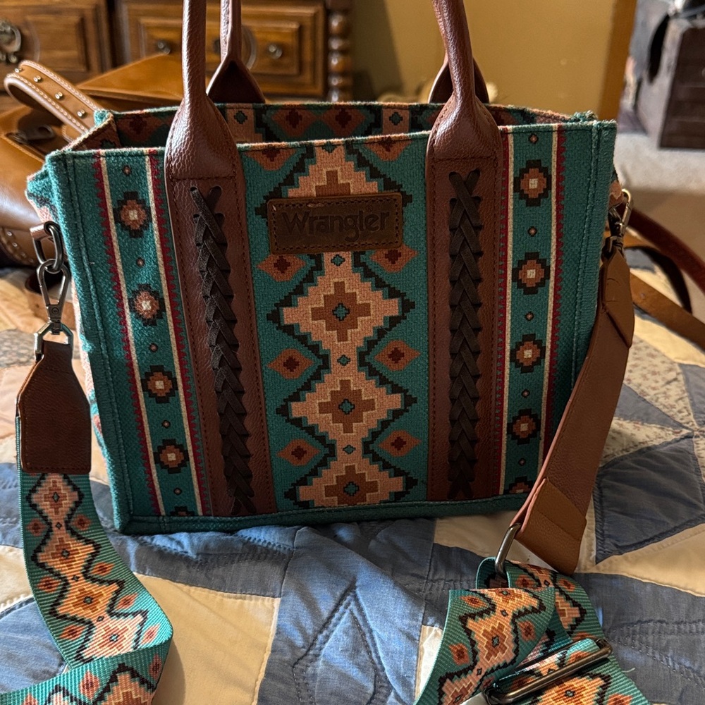 Wrangler Aztec Patterned Tote in Teal and Brown